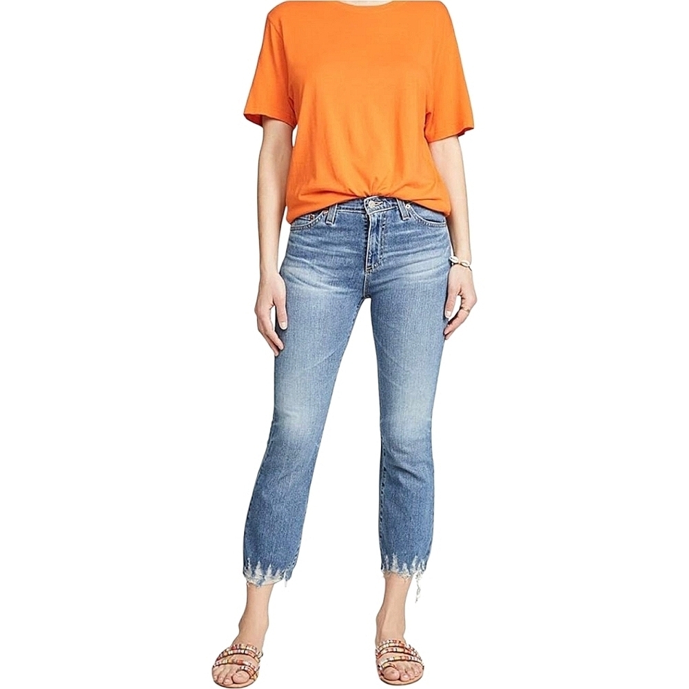 Adriano Goldschmiede The Jodi Crop High Rise Slim Flare Distressed Hem Jeans 28 - Picture 1 of 15